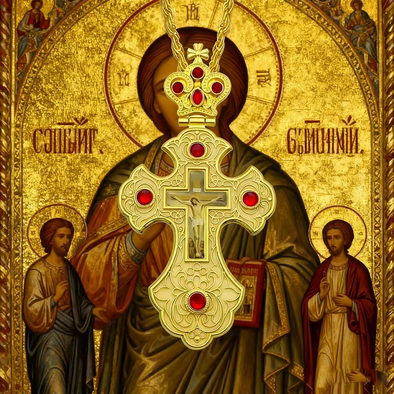Neue 2026 Luxus-Emaille-Orthodoxe-Kreuz-Halskette mit rotem Kristall & vergoldetem Kruzifix-Ikonen-Schmuck für Priester, Liturgie & Sakramente – Detail 7