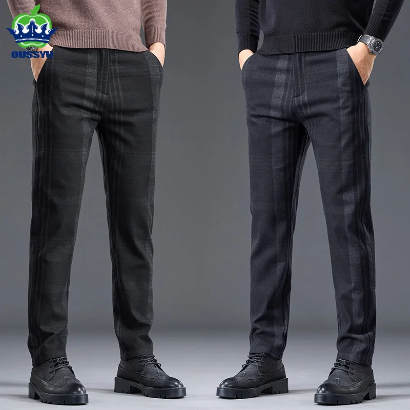 

Autumn Winter British Style Plaid Stretch Pants Men Business Fashion Slim Grey Blue Casual Work Trousers Male Brand Clothing