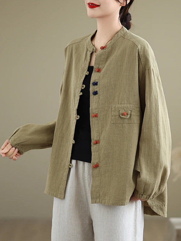 

New Chinese Sle Long Sve Cotton Linen irt Women's Vintage irt Button Tea Costume Autumn Open Cardigan Outerwear
