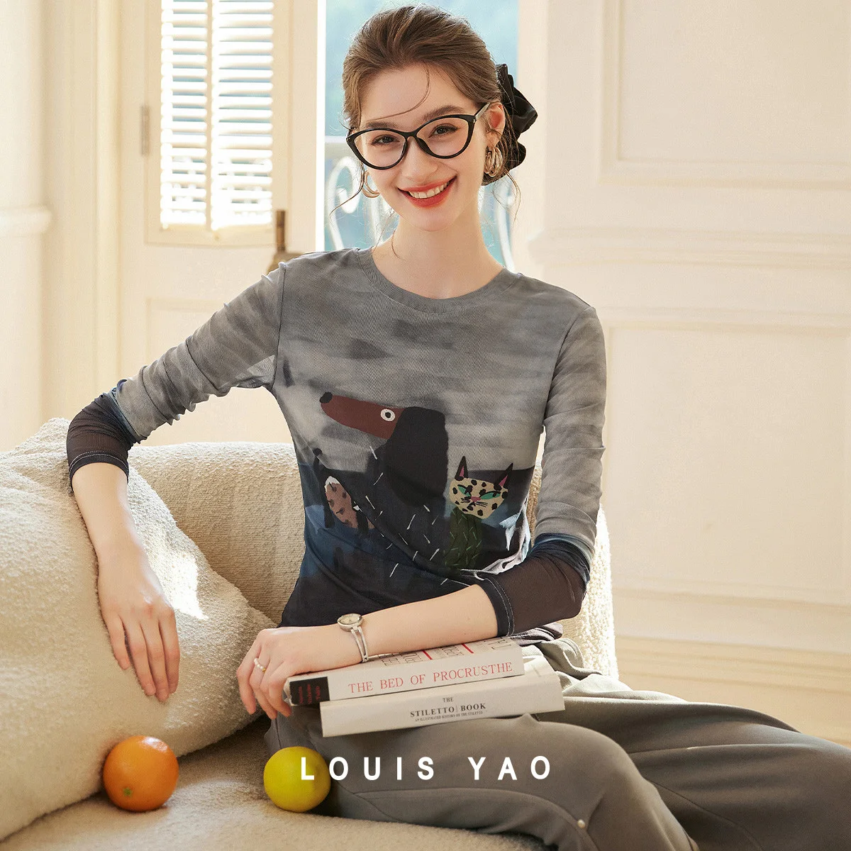LOUIS YAO Regular-Shoulder Printed Cartoon Long Sleeve Shirts 2025 Autumn/Winter Casual Micro Elastic Round Neck Women's T-shirt