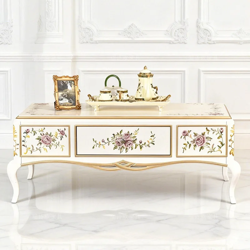 CX Vintage Hand-Painted Floral Coffee Table European Style Gilded Carved Living Room Tea Table