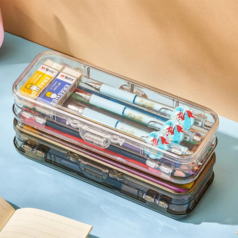 Pen Box Double Layers Clear Visible Multifunction Boys Girls Students Pencil Stationery Organizer Case