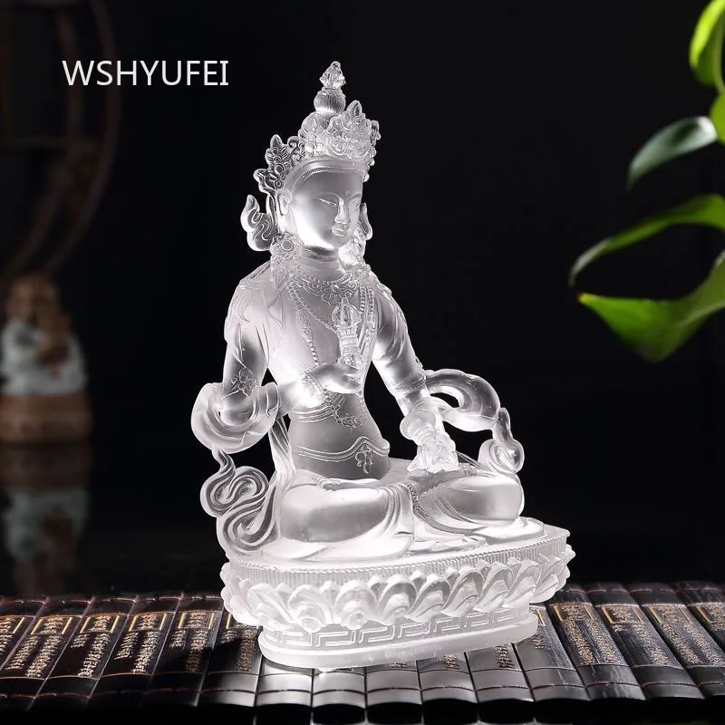 Resin Tibetan Crystal Vajrasattva Statue Semi-transparent Liu Li Buddha Figurine on Lotus Base for Home Altar Feng Shui Decor