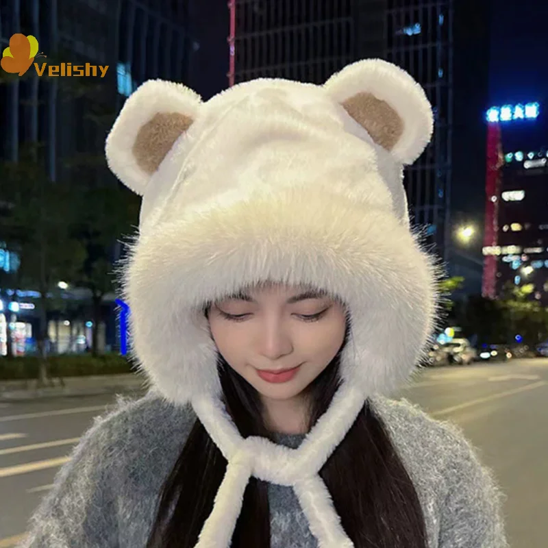 الخريف والشتاء الدراجات الدافئة ومتعددة الاستخدامات حماية الأذن لطيف فروي الثعلب الفراء الدب الأذن قبعة تبدو صغيرة قطعتين هود وشاح مجموعة