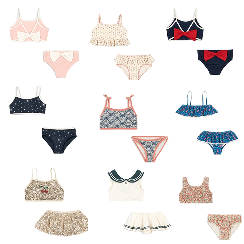 Girls Floral Print Swimwear Collection Summer 2026 Bowknot One Piece Bathing Suit & Two Piece Bikini Set New Children's Clothing