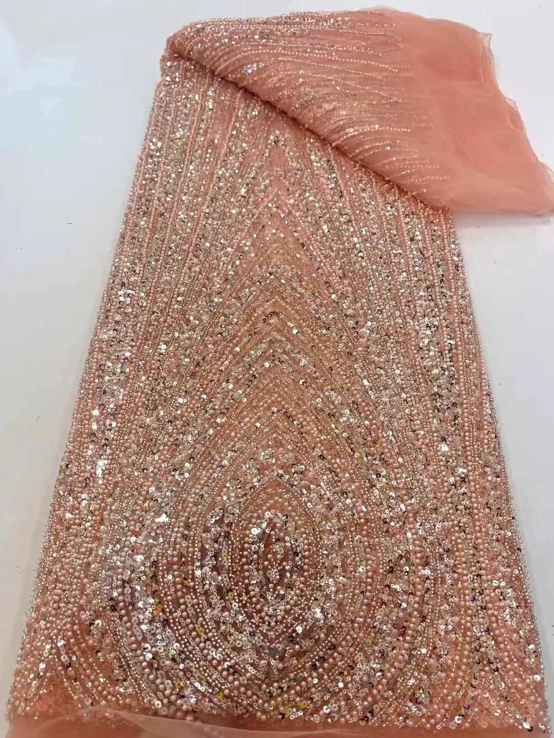 アフリカヘビービーズレース生地 2025 高品質ナイジェリアスパンコールパールレースフレンチチュール生地結婚式のパーティードレス縫製