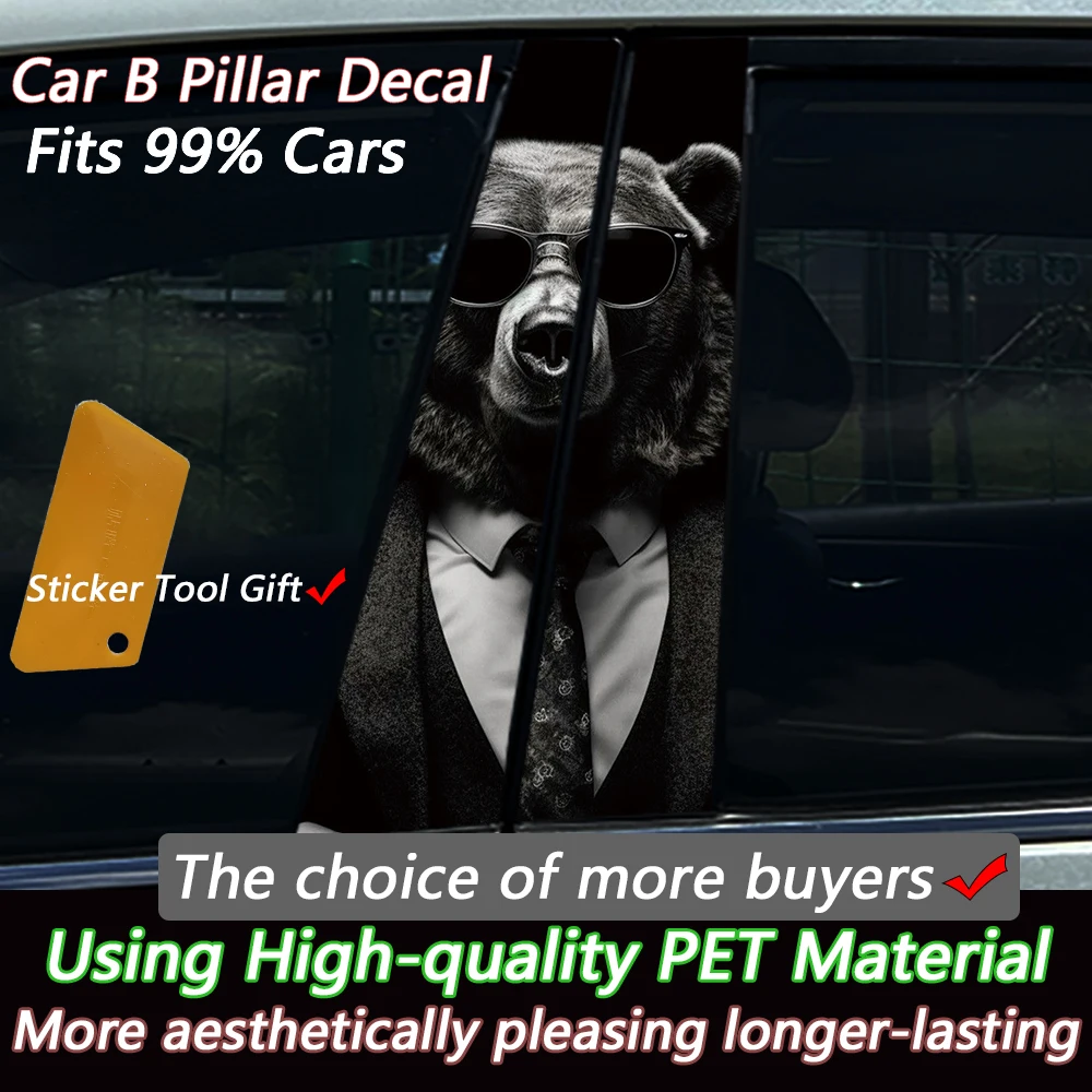 2PCS Cool Suit Bear Car B-pillar Sticker Waterproof PVC Auto Window Decal Stylish Animal Car Exterior Decoration for All Cars