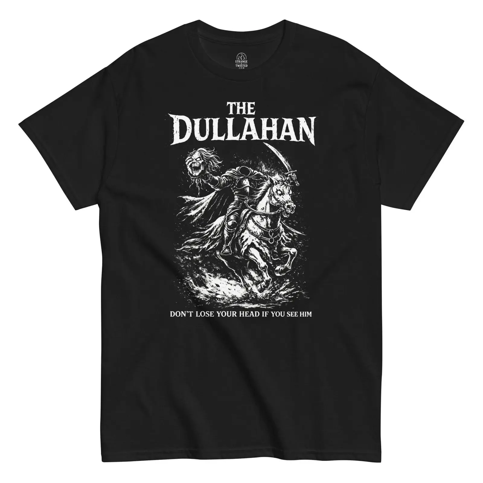 Camiseta informal negra con estampado desgastado de The Dullahan, el Caballero sin Cabeza del folclore irlandés, estilo vintage, streetwear elegante
