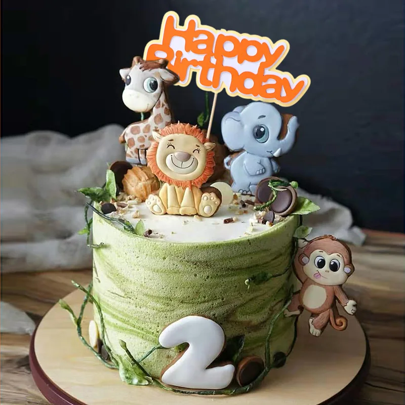 Giraffe Lion Monkey Elephant Forest Jungle Animals Theme Cake Topper Safari Party Supplies Happy Birthday Cake Decor Kids Favors