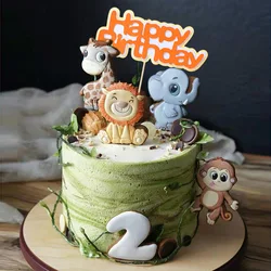 Decoración de Pastel de feliz cumpleaños para niños, adorno de pastel con tema de jirafa, León, mono, elefante, bosque, animales de la selva, suministros de fiesta de Safari