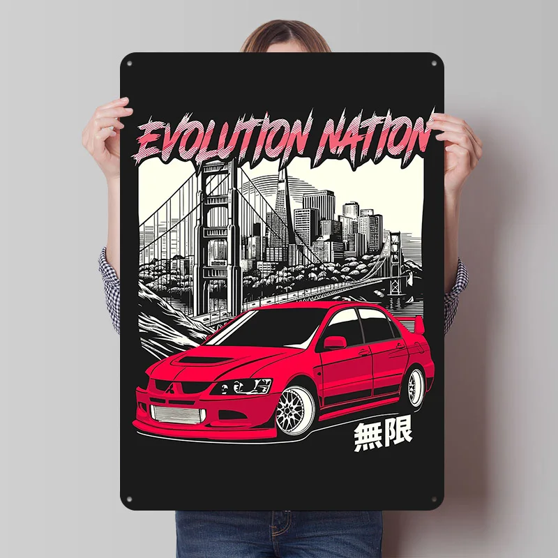 Evolution Nation - Red Car Tin Poster Customized Retro Wall Art Vintage Metal Signs for Garage Home Decor Accessories Wand Deko