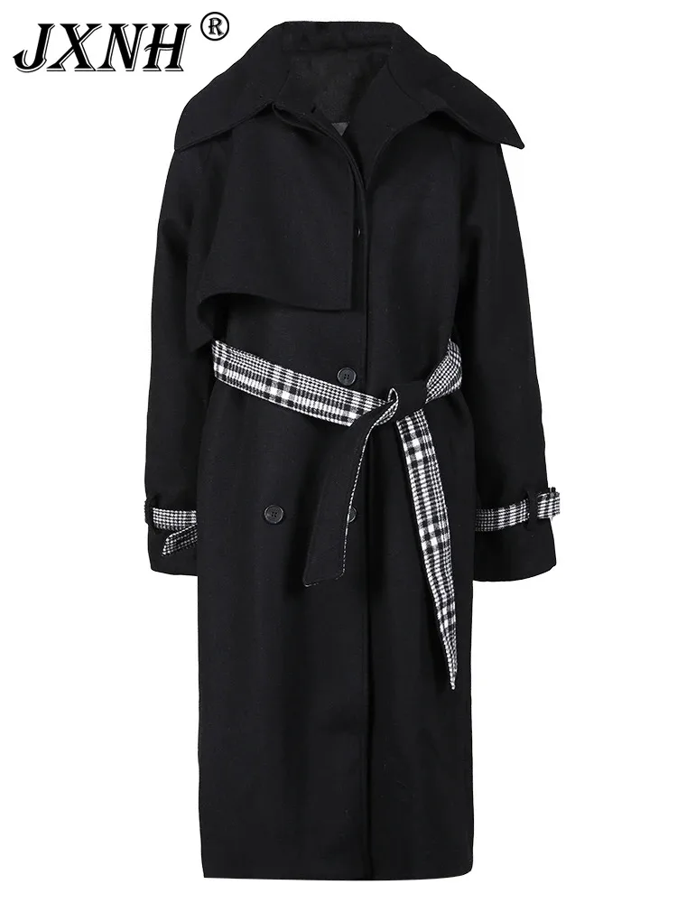 

Black Plaid Belted Big Size Long Woolen Coat New Lapel Long Sleeve Women Jacket Fashion Tide Autumn Winter 2024