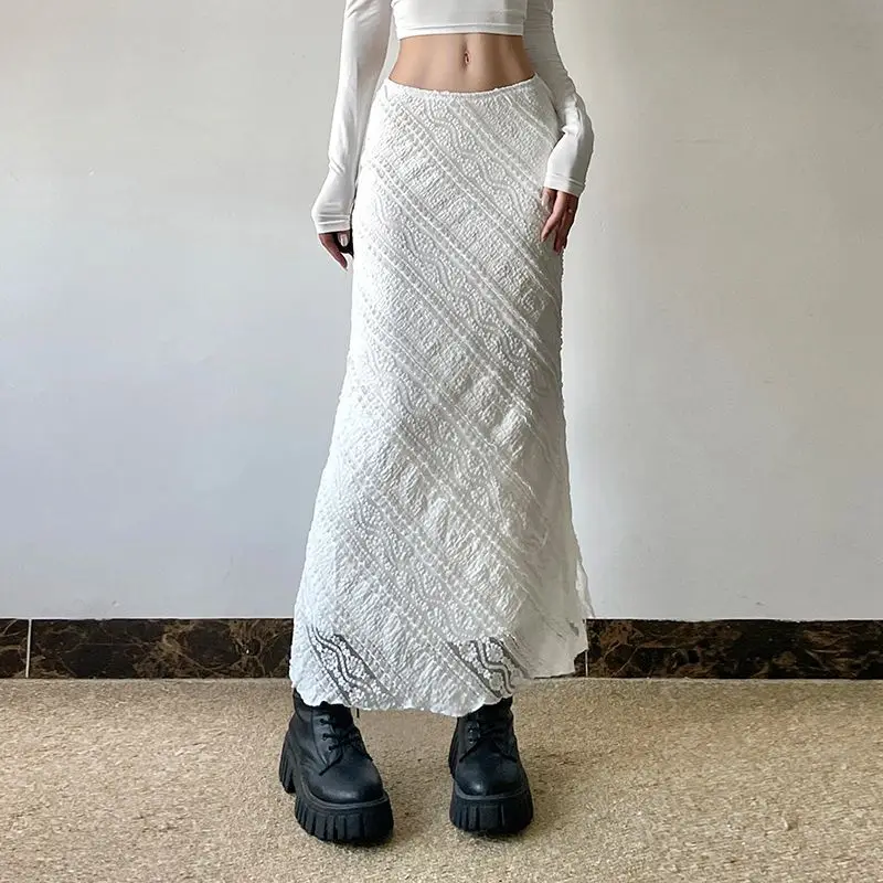 

French Lace Mesh Texture Waist-Slimming Bodycon Long Skirt