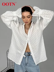 OOTN Jacquard Weave White Shirts Elegant Women Office Ladies Puff Sleeve Lace-Up Perspective Blouses And Tops Autumn Casual 2024