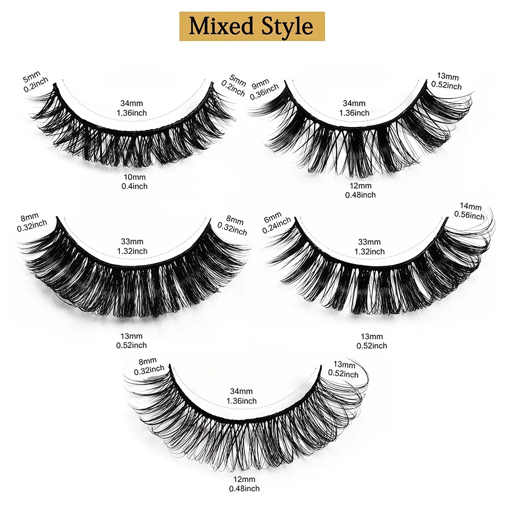 新しいロシア製ロールゴールドシリーズ10ペアミックスセット、厚い立体感のある毛、硬いステム、誇張されたまつげ