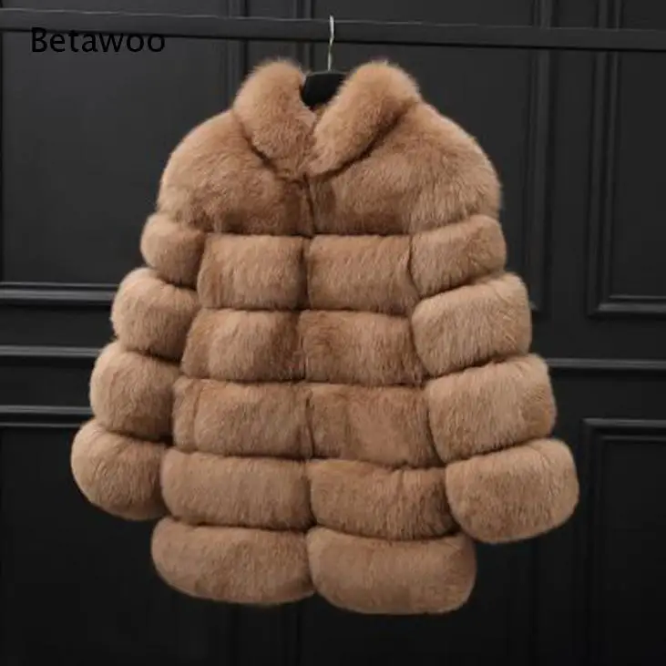 Women Open Front Stand Collar Faux Fur Coat Horizontal Segmented Design Mid Length Soft Fluffy Furry Winter Outerwear
