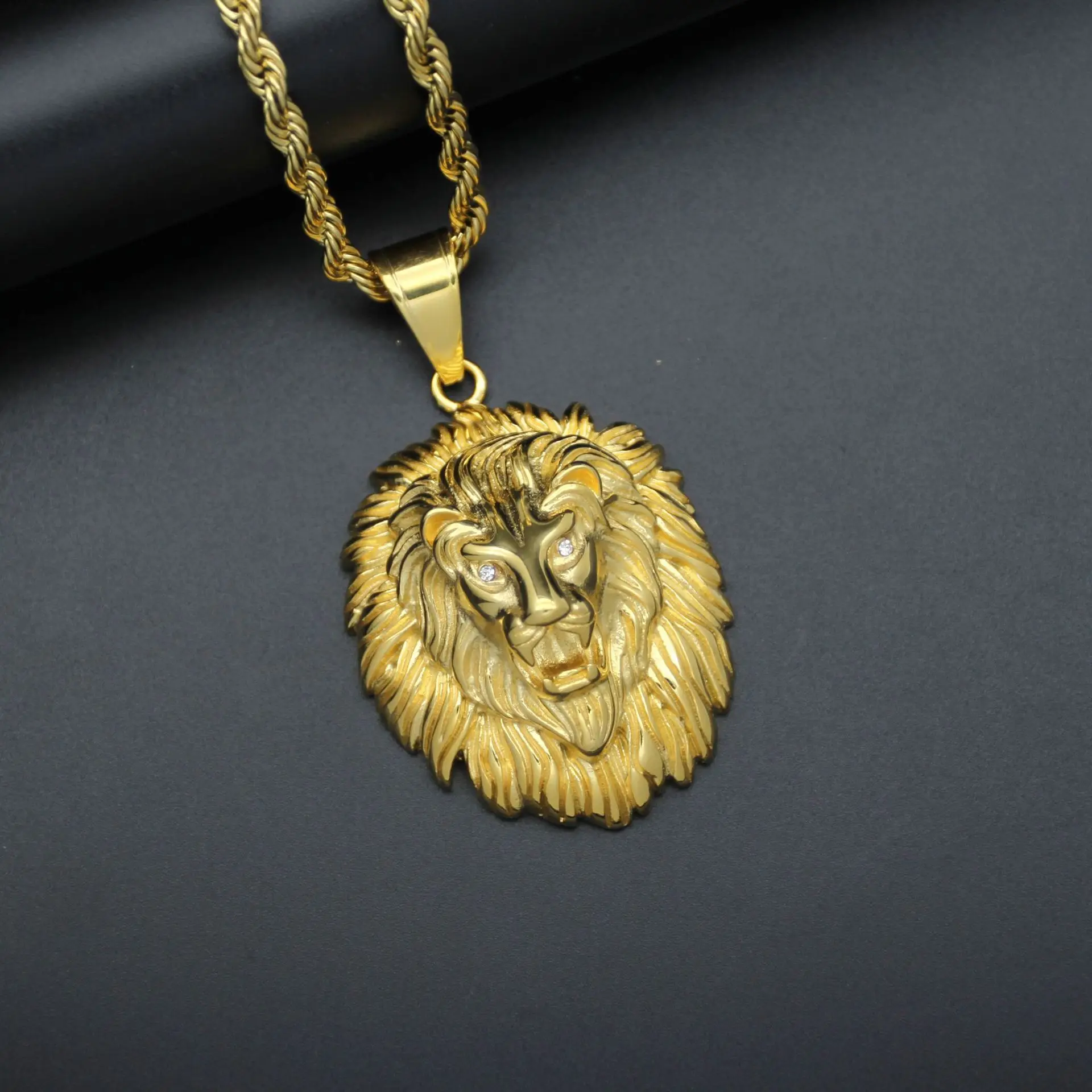 HIP hop Lion Head Pendant Necklaces Men\'s Gold color Punk Animal Jewelry