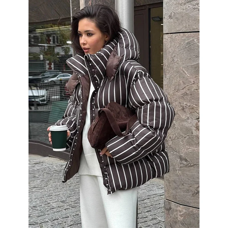 Shiny Down Jackets for Women, Stand Collar, Zipper Closure, Long Sleeves, Cotton Padded Coats, Outerwear for Ladies, Winter 2025