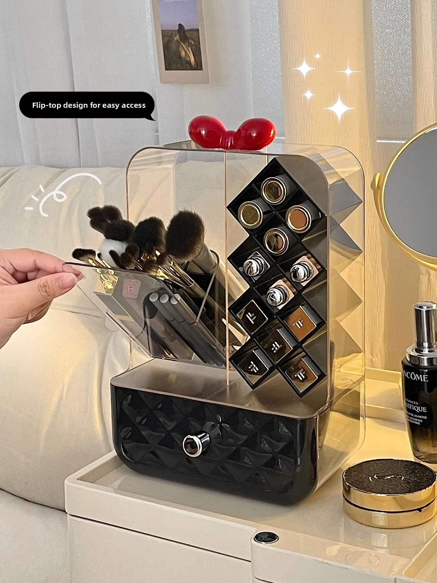 

Простой настольный органайзер для хранения косметики и уходовых средств для женщин, пластиковый, с откидной крышкой