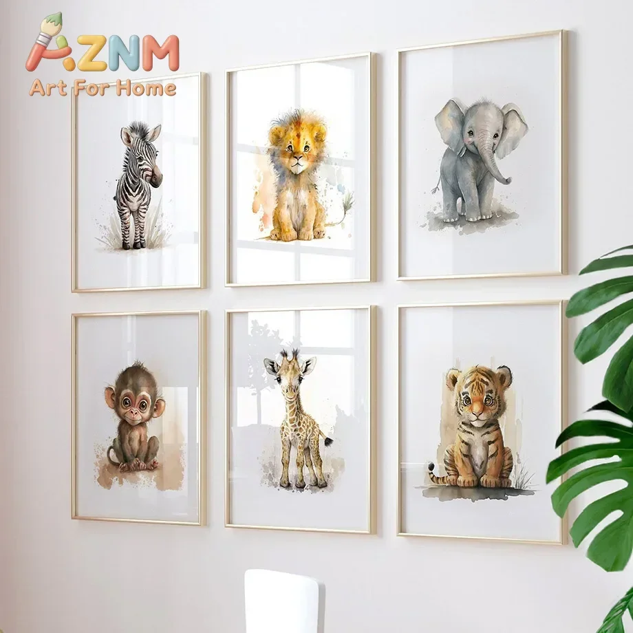 Multi-size 1PC frameless high-definition decorative paintings,Nursery Animals Lion Giraffe Rhino Monkey Zebra Tiger Wall Art Can