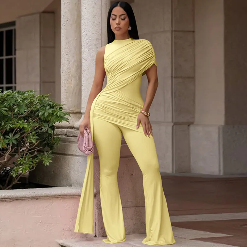 Doyerl Solid Elegant One Sleeve Women's Jumpsuits and Rompers Flare Pants Ruched Bandage Party One Piece Club Outfits Overalls