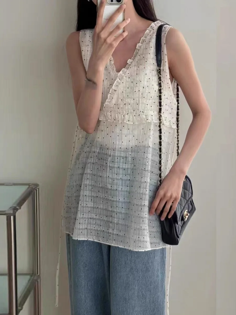 

Лето 2023, сексуальный топ в горошек с v-образным вырезом и бретельками, женский топ Svel irt, тонкий, модный, против старения, маленький срок службы