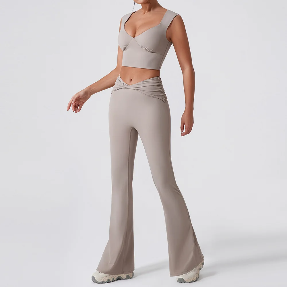 

2 Piece Yoga Sets Sport Push Up Bra Crop Top Pleate High Waist Flare Leggings Fitness Suit Outdoor Gym Clothes Workout Outfits
