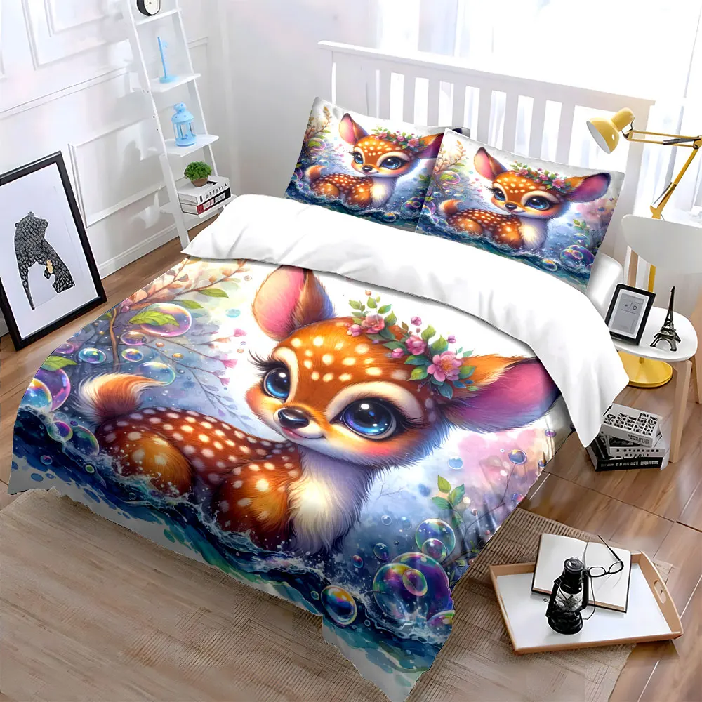 Fairy Deer with Floral Crown pattern Duvet Cover Set with 3D Printing Design Soft Polyester Bedding Set All-Season Comfort