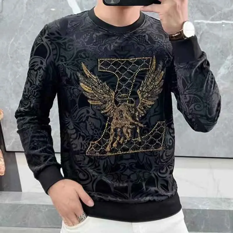 2025 European men's fashion new flocked round neck hot diamond casual T-shirt sweatshirt