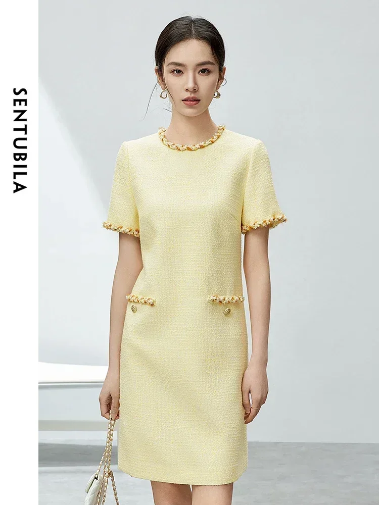 SENTUBILA Short Sleeve Tweed Dresses for Women 2024 Summer Elegant Socialite Fashion Contrast Round Neck Dress Woman 142L54213 - Image 3