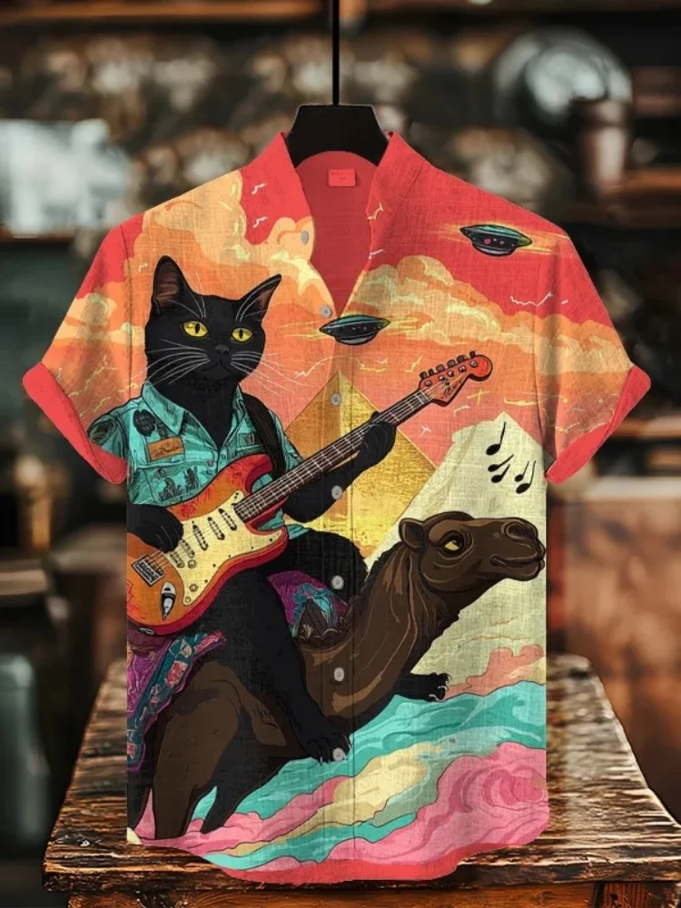 

Яркие цветные богемные рубашки мужские для верховой езды на верблюде, игра на гитаре, НЛО, пирамида, повседневная рубашка с короткими рукавами и воротником-стойкой, топ