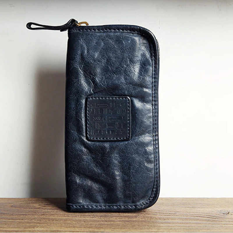 vintage first layer cowhide men's women's long phone wallet casual genuine leather teens large capacity multi-card coin purse