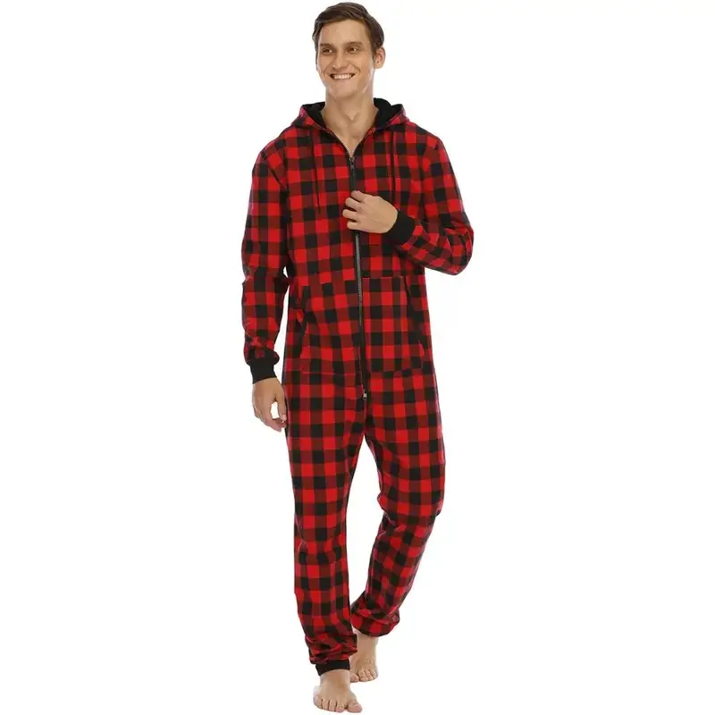 Plaid printing onesies men hoodies jumpsuit casual long sleeve pajamas zipper splicing overalls autumn winter male streetwear