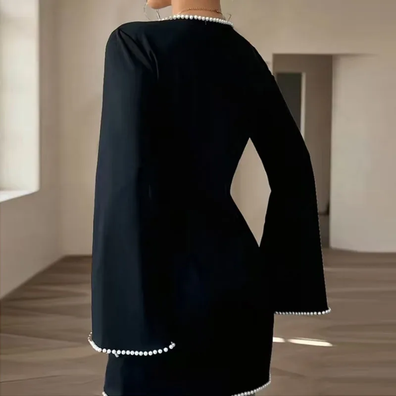 Franse lente elegante kralen O-hals feestjurken vrouw sexy holle slanke a-lijn mini-jurk herfst lange mouw kantoor dame jurk