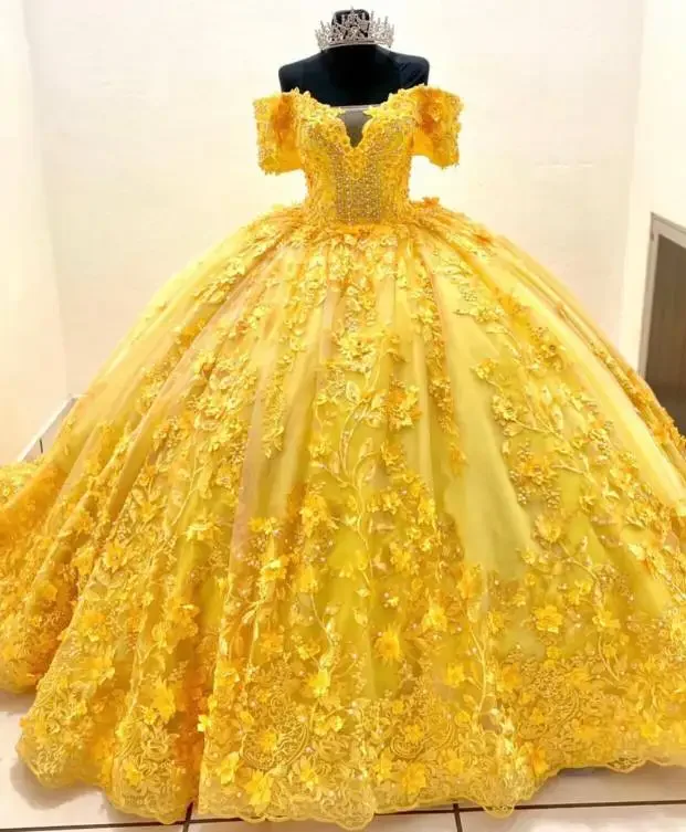 Yellow Short Sleeve 3D Floral Ball Gowns Quinceanera Dress 2024 Puffy Skirt Off Shoulder Lace Quinceanera Vestidos De 15 Años