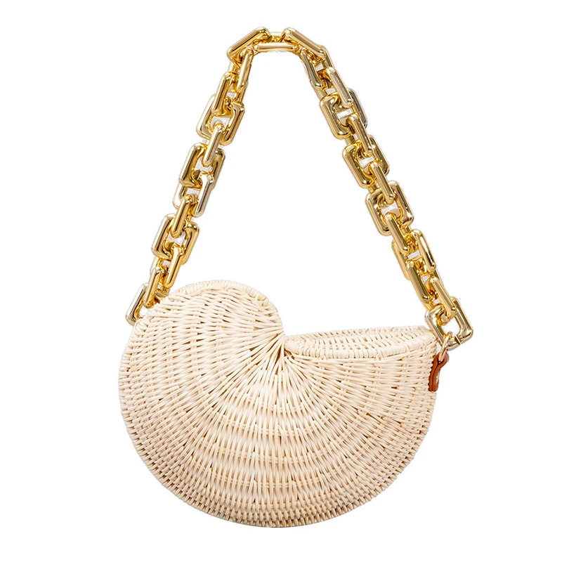 

Luxury Conch Rattan Handbags Bohemian Shell Straw Bags for Women Thick Chains Shoulder Bag Wicker Woven Beach Designer Bag Tote