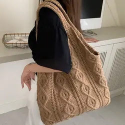 Hollow Women Shoulder Bags Retro Woven Solid Color Crochet Bag Large Capacity Shopping Tote Women Shoulder Bags