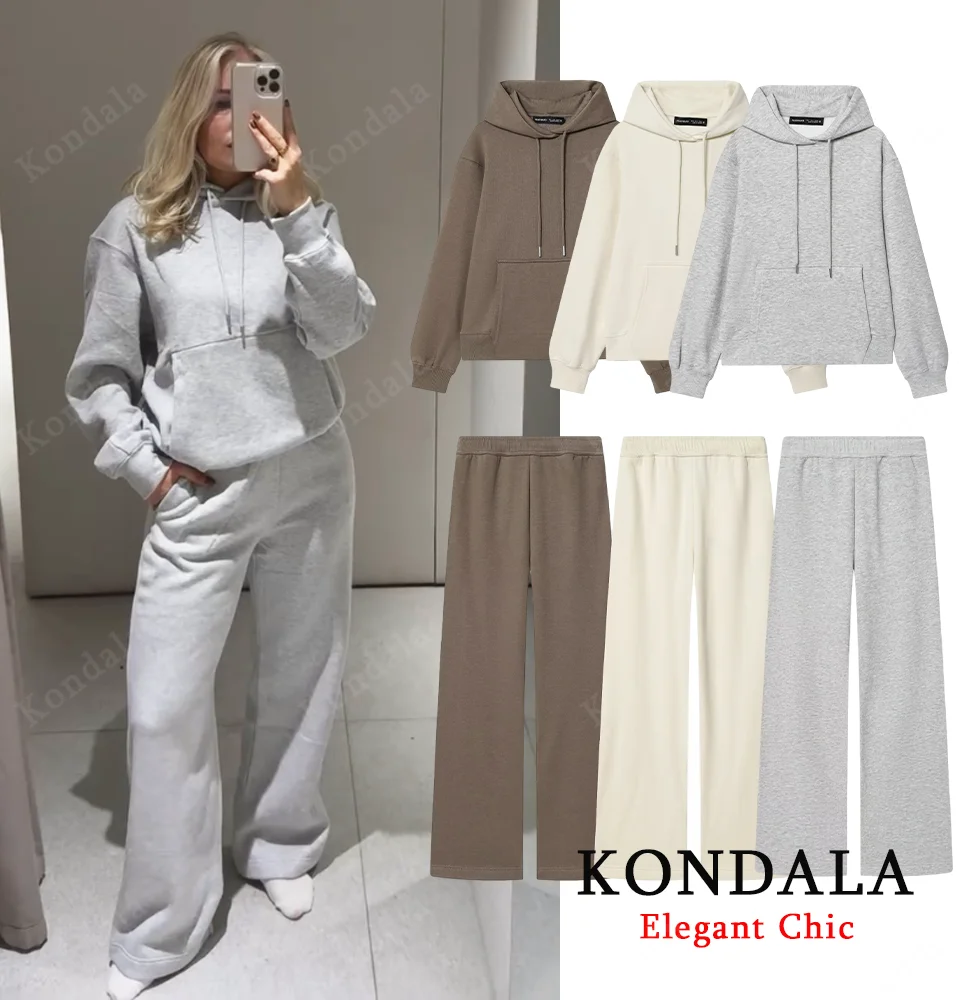 

KONDALA Women Fall Hoodies Set Hooded Long Sleeve Sweatshirt ,Elastic Waist Long Pants 2025 Autumn Winter Female Casual Pant Set