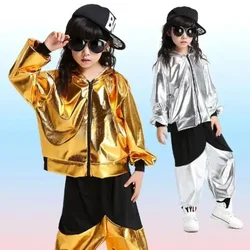 Gold Silver kids Modern Jazz Sweatpants dancing Hoodie clothing Sequined Girls Boys Ballroom Hip Hop Dancewear Outfits