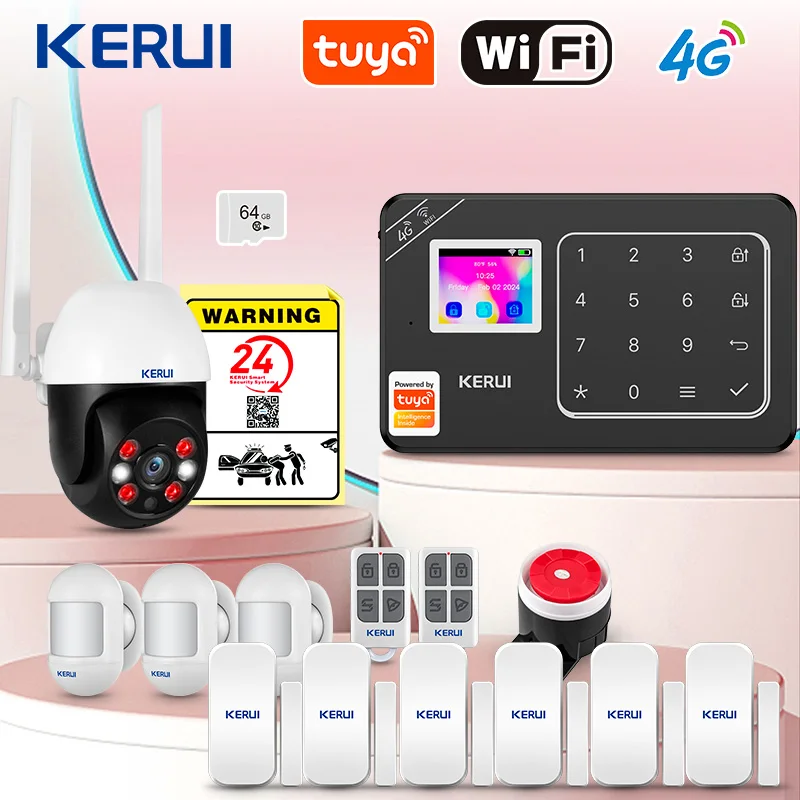 

KERUI WiFi/4G GSM Домашняя охранная сигнализация с PIR-датчиком движения, датчиком двери, Tuya Smart, поддержка Alexa, охранная сигнализация W184