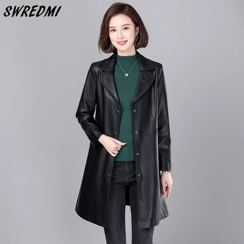 

Long Leather Trench Women Fashion Jacket Turn-Down Collar Clothing For Spring And Autumn Office Lady Jacket Coat Female SWREDMI