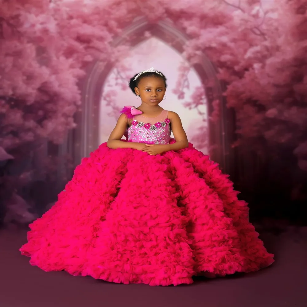 

Luxury Red Flower Girls Dresses Birthday Party Princess Beaded Extra Puffy Flower Girl Dresses Baby Kids Ball Gowns for Photo