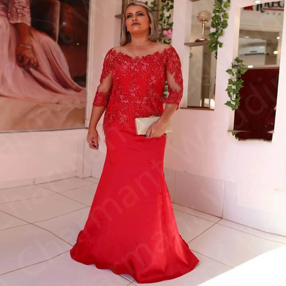 

Elegant Red Mermaid Mother of the Bride Dresses Lace 3/4 Sleeves Wedding Guest Dress Illusion Round Neck Beaded