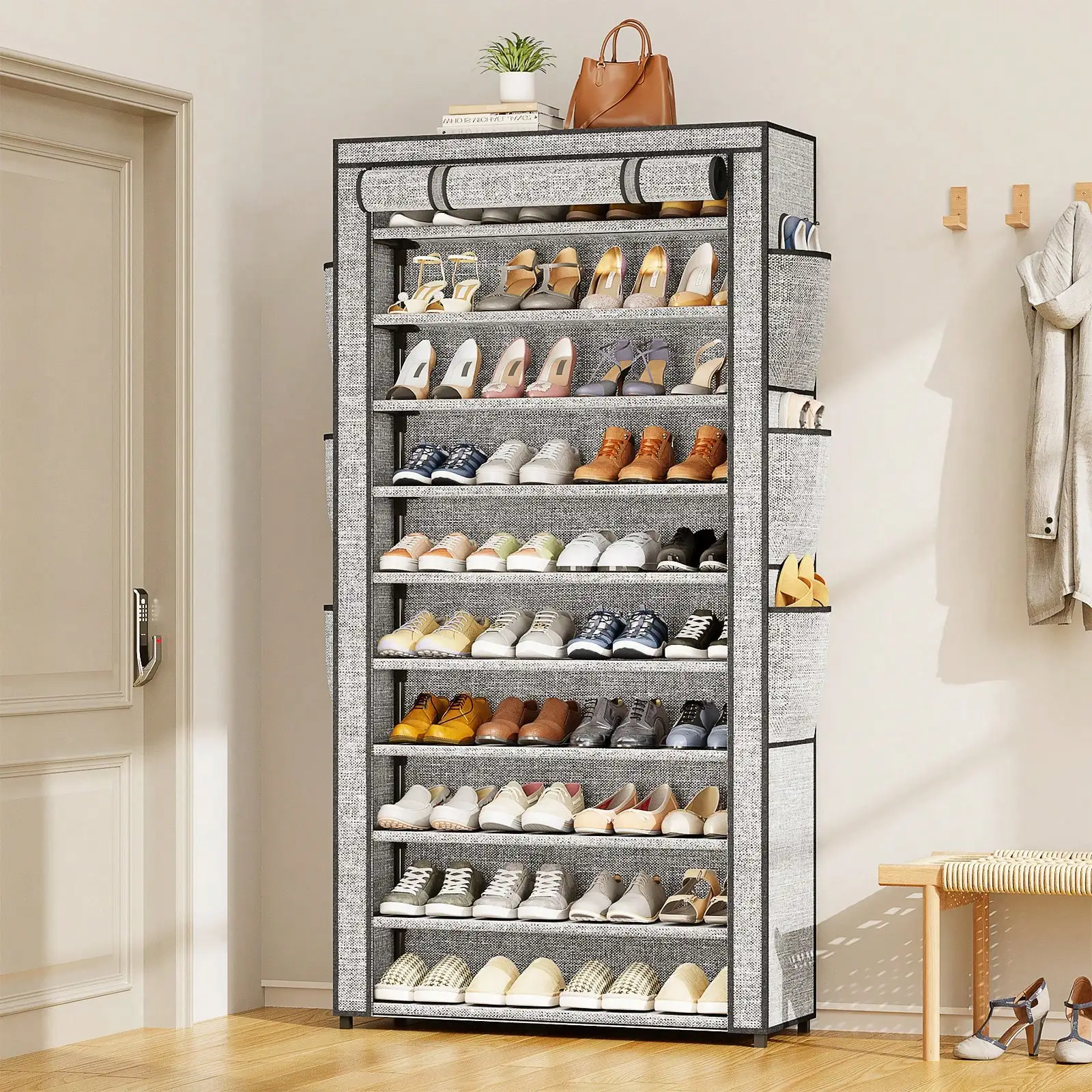 10-Tier Shoe Cabinet with Dustproof Cover, Large Capacity 50-56 Pairs Shoe Storage Organizer, Tall Freestanding Shelf for Entryway Closet Bedroom Dorm, Easy Assembly