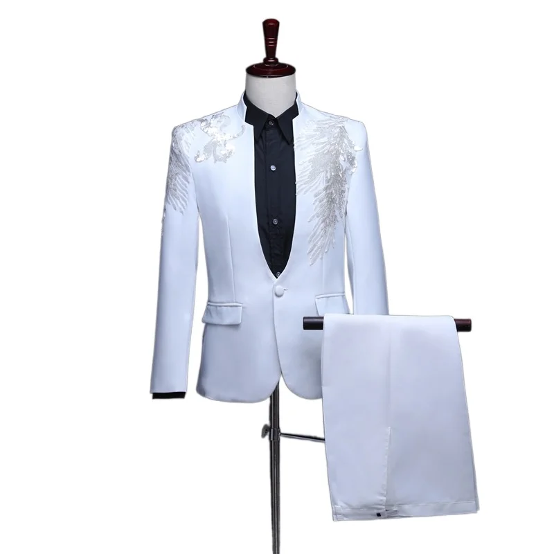 

Men Play Suit Collar Stage Suits Sequins Menual Cost PerforMence Two-piece Suit Red Purple Blue Mens Dance Suit Set