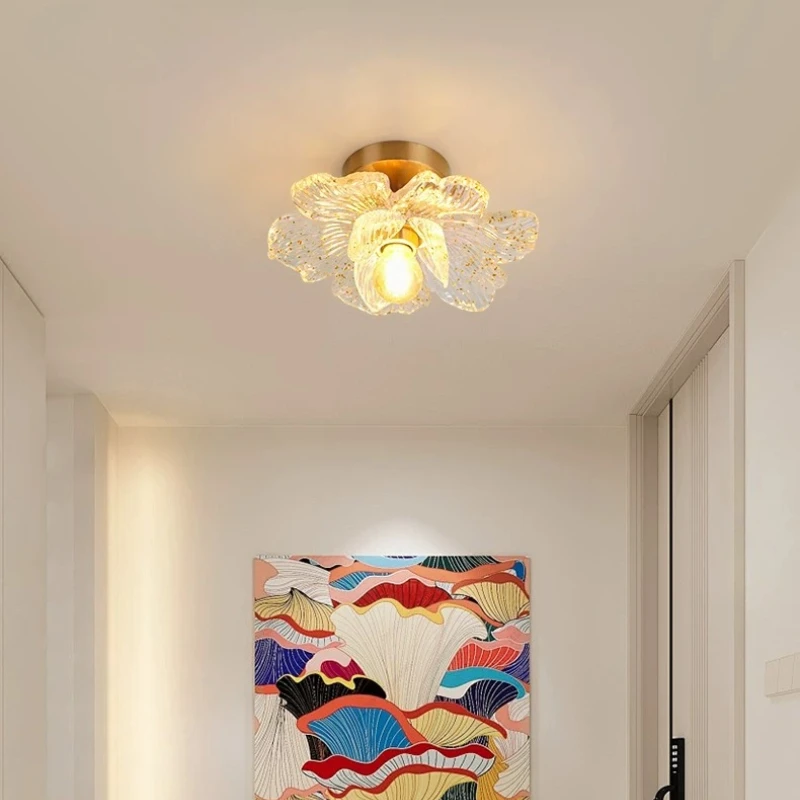 French Retro Petal Hallway Light Modern Copper Ceiling Light Aisle Corridor Balcony Entrance LED Ceiling Lamp Gold Home Decor