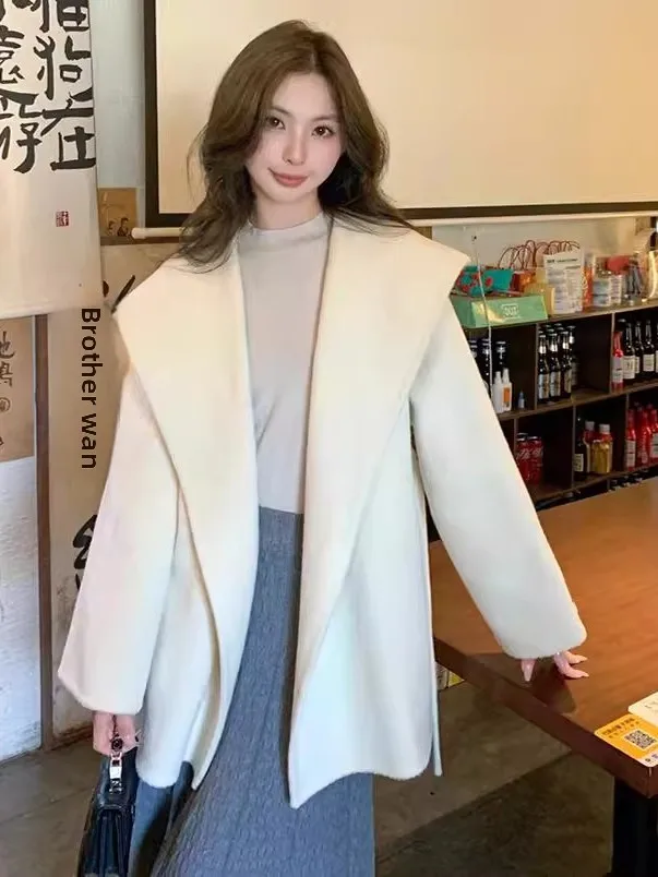 

Double-Sided Camere Coat Hooded ort Women's Coat Korean Sle Woolen Outerwear Trendy Commute Long Sve Pure Color