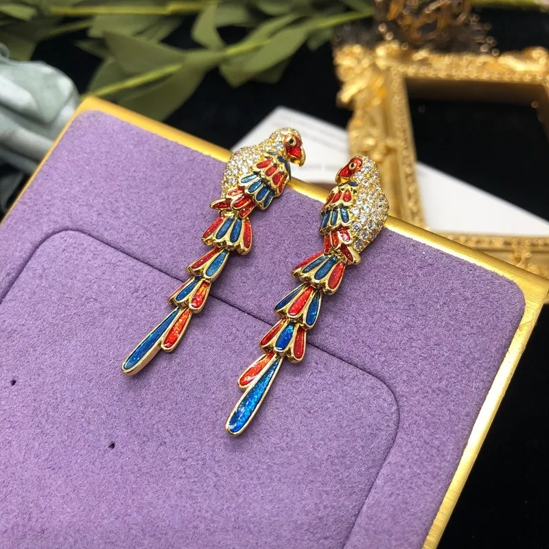 Medieval Earrings Copper with Diamonds Colored Enamel Glaze Parrot Stud Earrings Long Earrings Shoulder Earrings