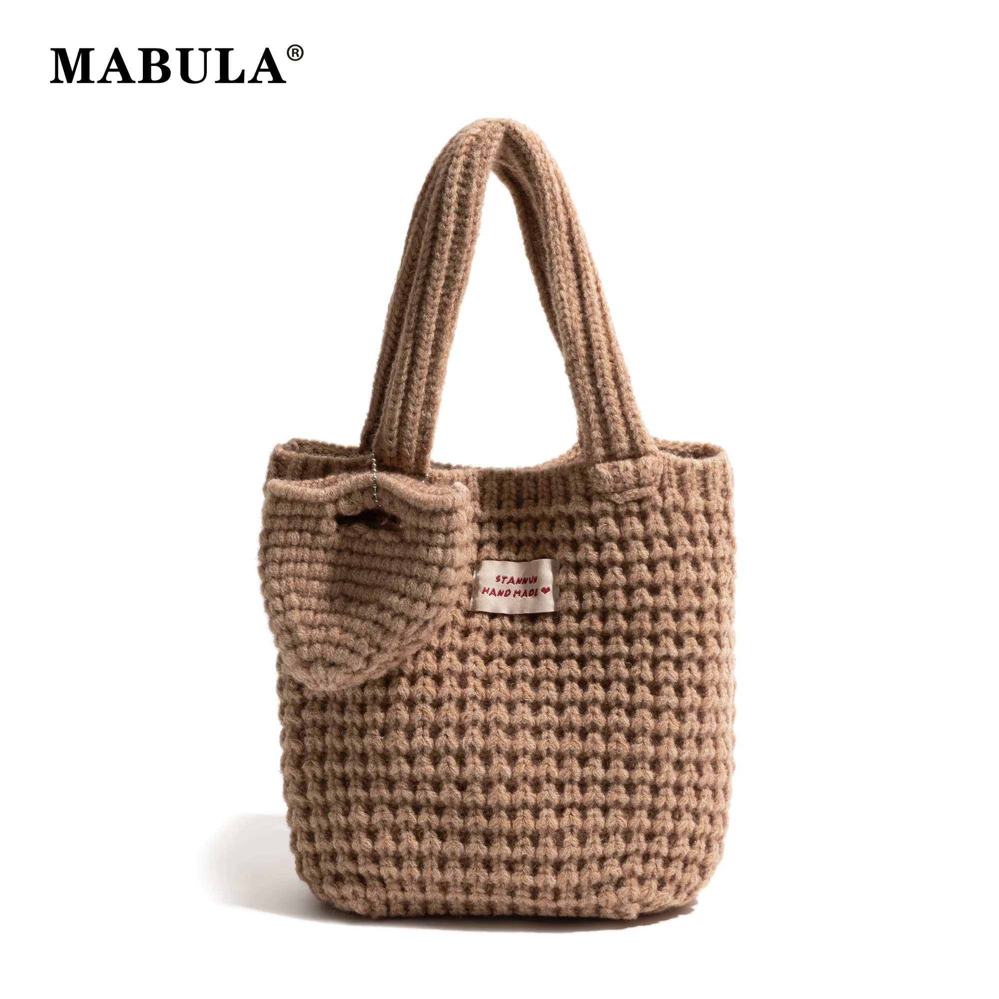 

MABULA Stylish Knitted Handbag Woven Handmade Cotton Fabric Simple Shopping Bag Lightweight Portable Ladies Daily Phone Purse