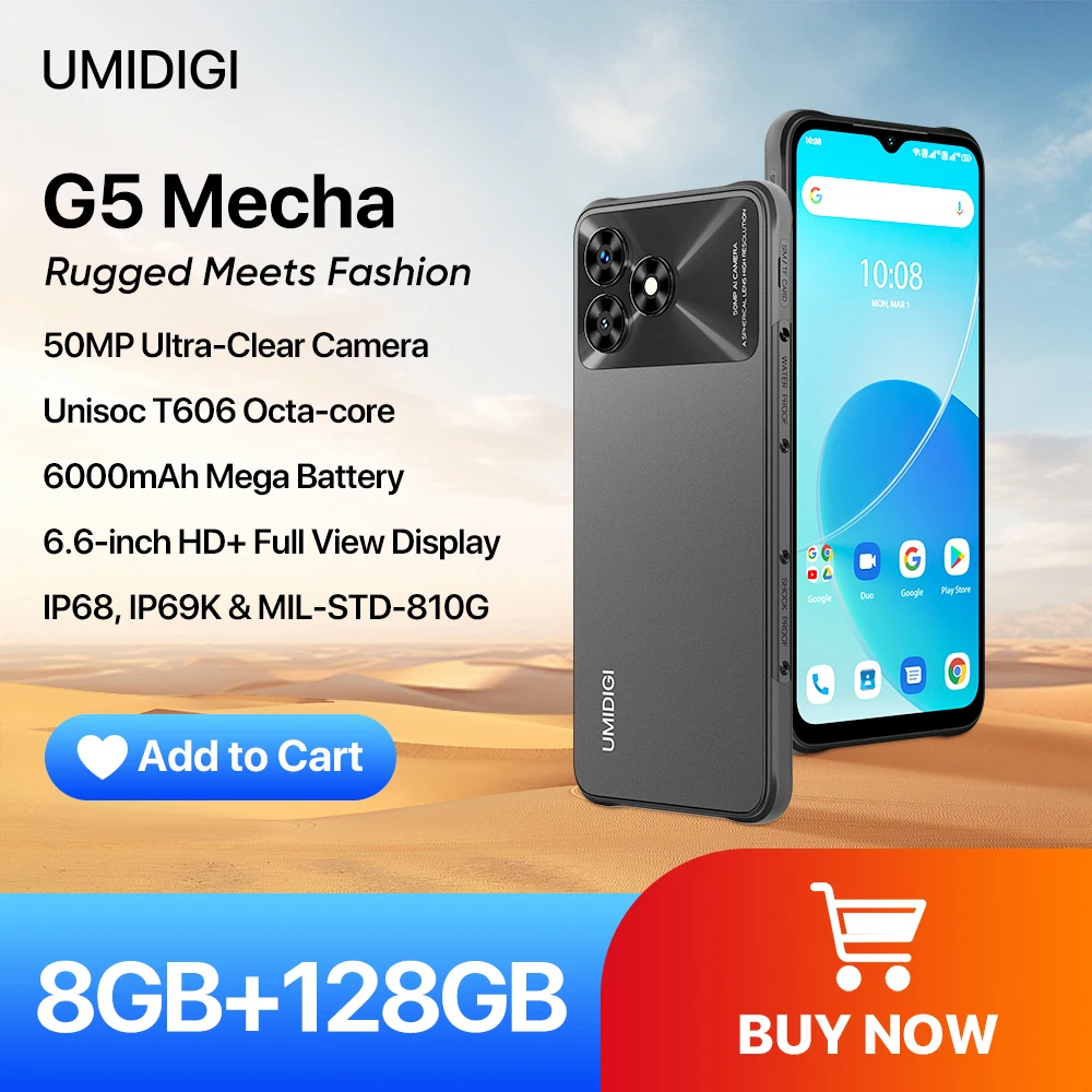 

IP68,IP69K UMIDIGI G5 Mecha Android 13 Rugged Smartphone Unisoc T606 8GB 128GB 6.6" HD+Screen 50MP Camera 6000mAh 90Hz CellPhone